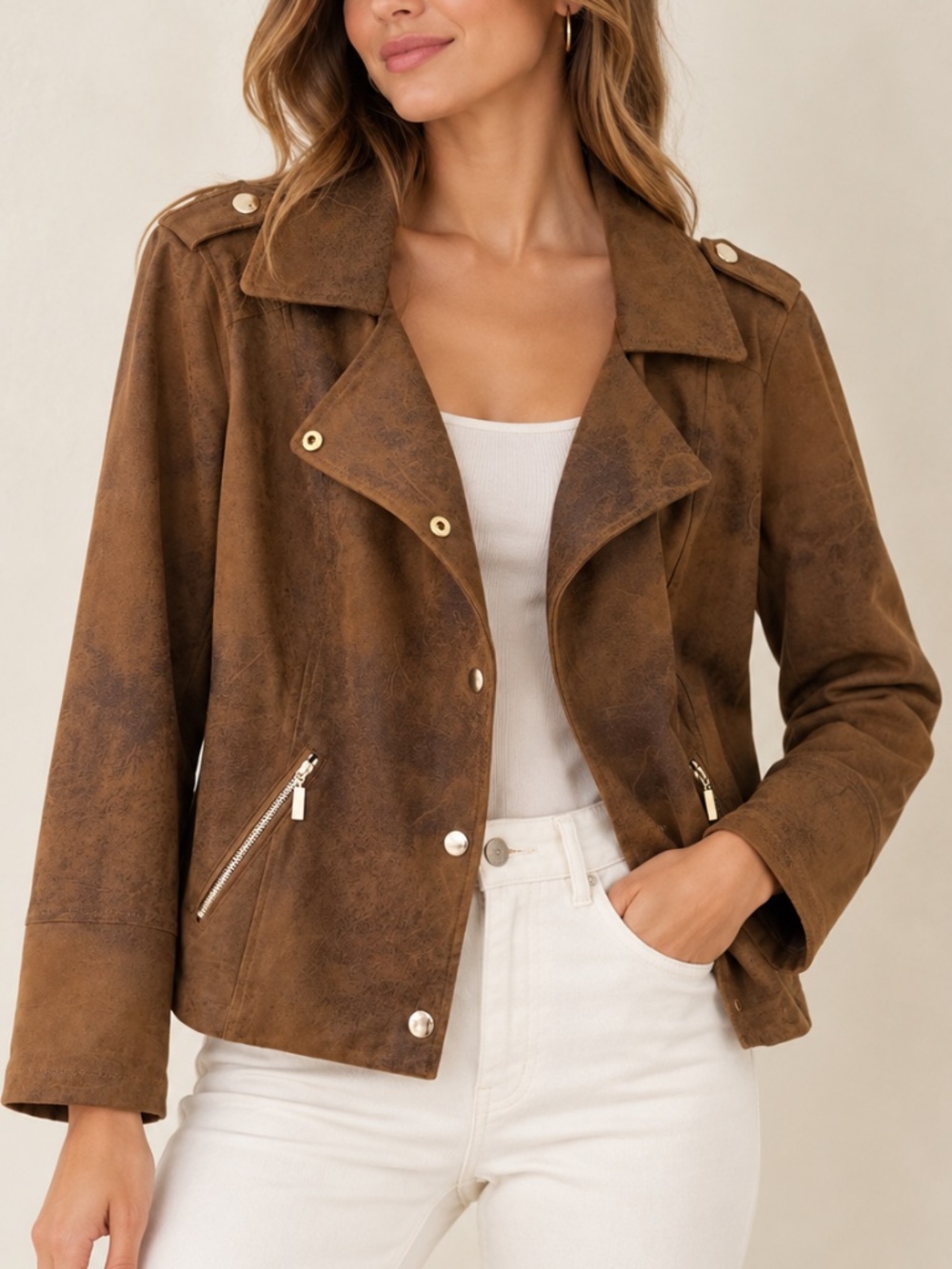 Chico’s Brown Distressed Coated Faux Suede Moto Jacket Gold Hardware Size 0 US 4